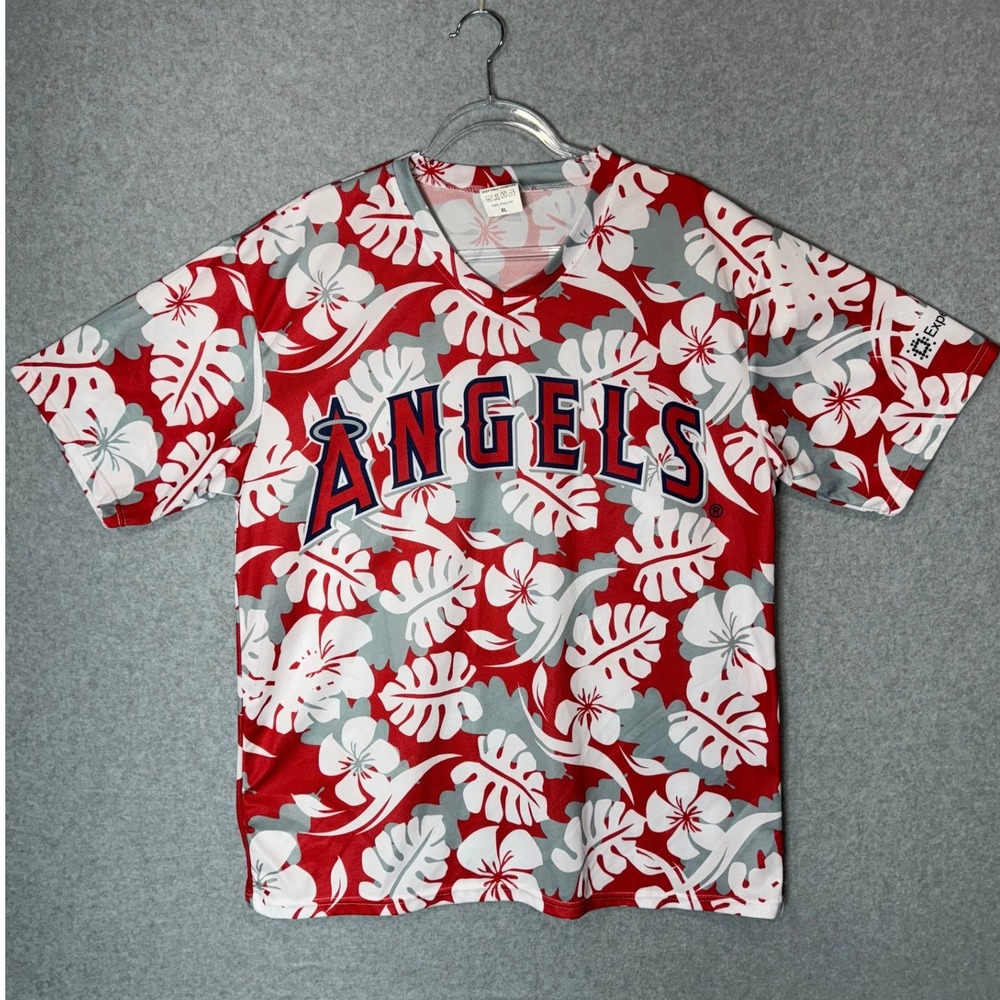Angels Hawaiian Shirt Mens XL MLB Baseball Kloanz Experian‎ Logo Red Floral